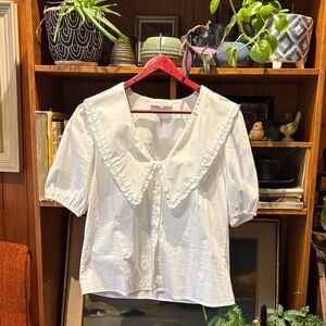 Wayf White Blouse with Ruffled Collar size M